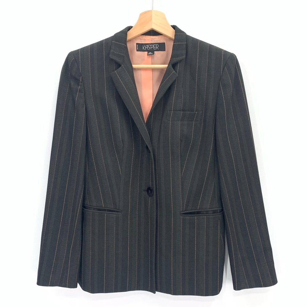 Kasper Petite Gray Peach Pin Striped Longer Line Blazer Size 2 Petite